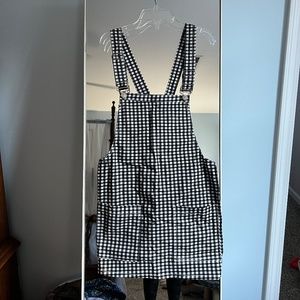 White and black gingham overall dress with front and back pockets